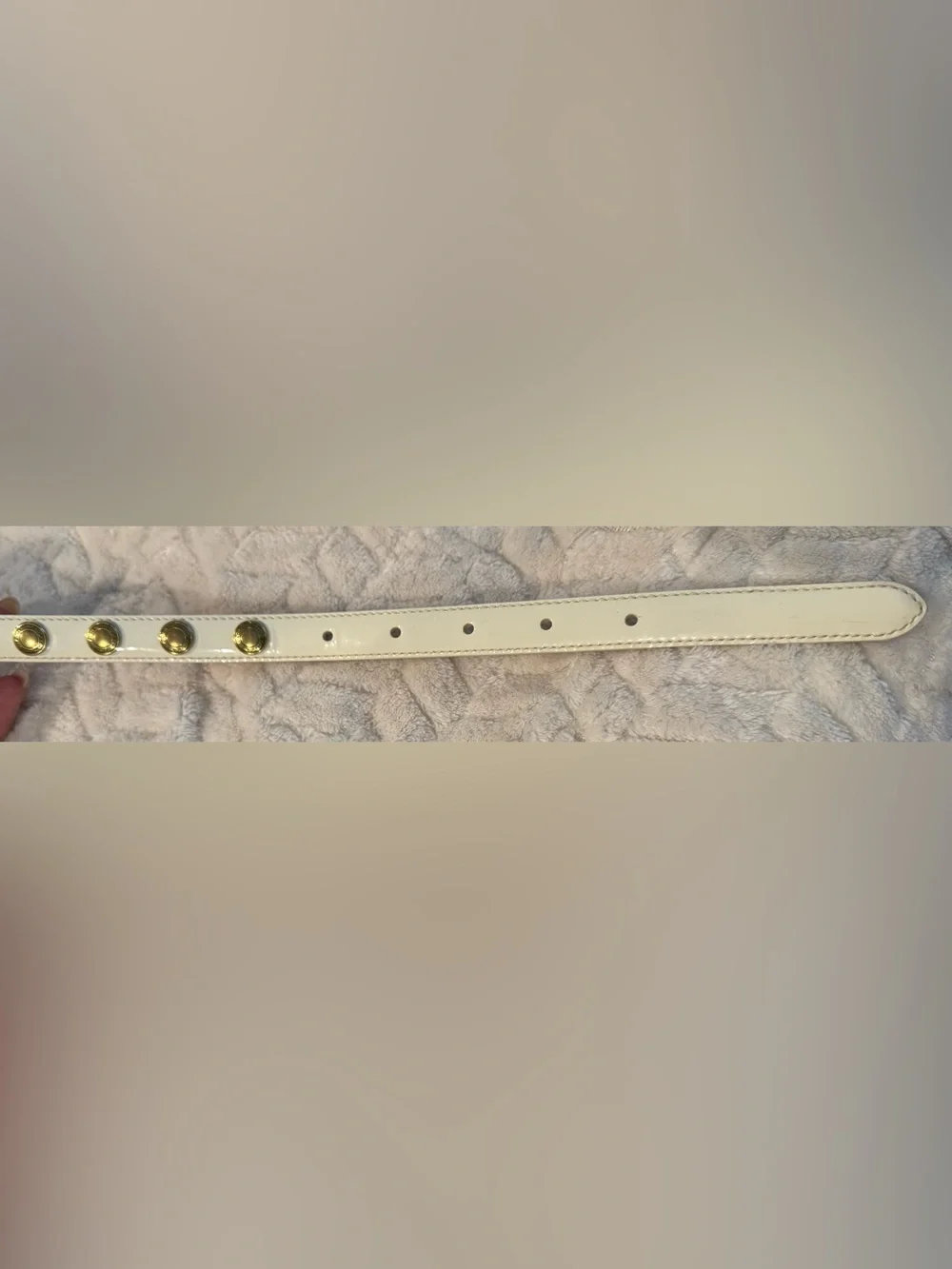 Coach White Patent Leather Vintage Skinny Belt Gold Stud Logo Accents sz S